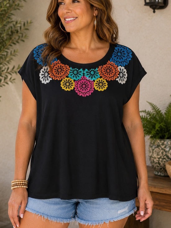 THML Tops - THML Black Short Sleeve Scoop Neck Top with Multicolor Floral Crochet